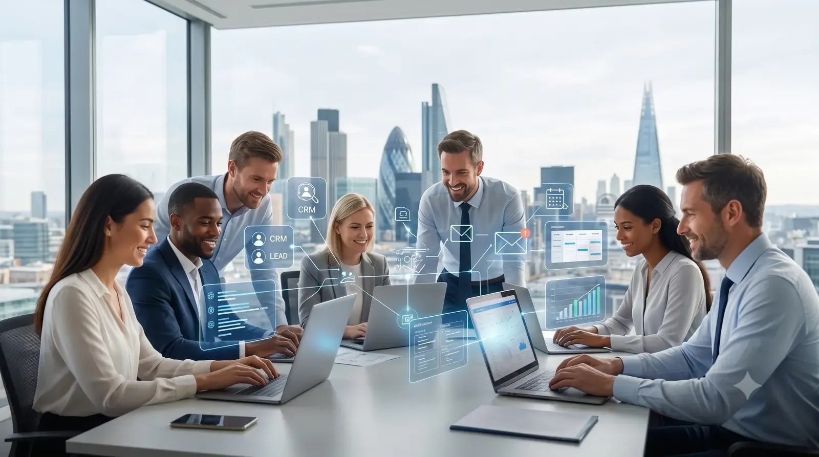 UK business team using AI automation to connect CRM, email, calendar and lead follow-up, with the London skyline behind.